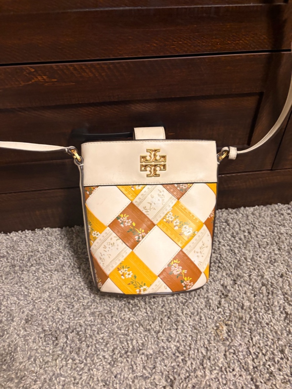 Tory Burch Cream, Yellow and Brown Patchwork Crossbody